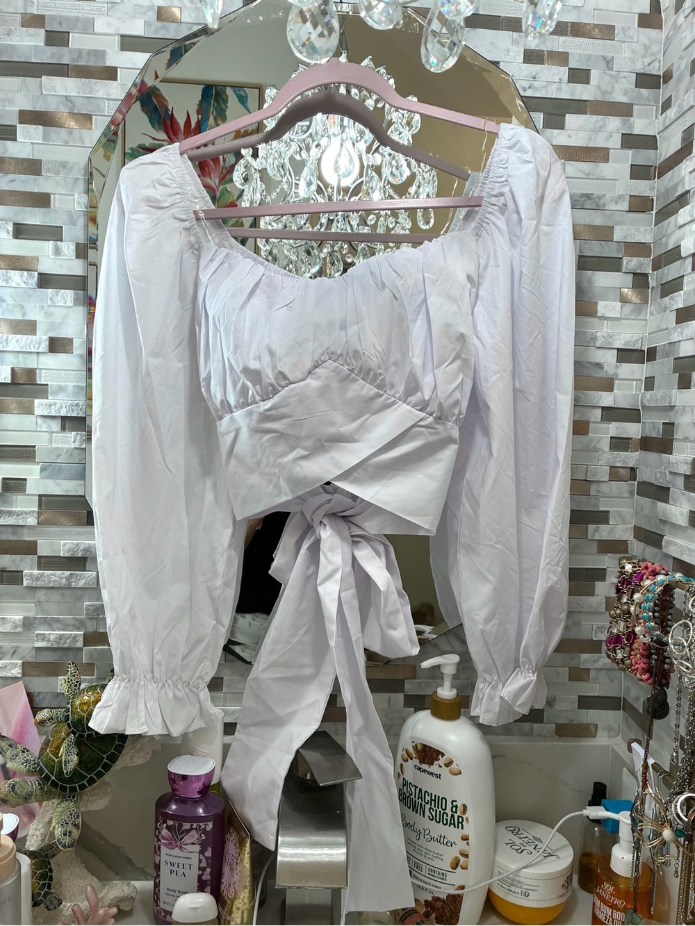 White Tie-Front Puff Sleeve Blouse